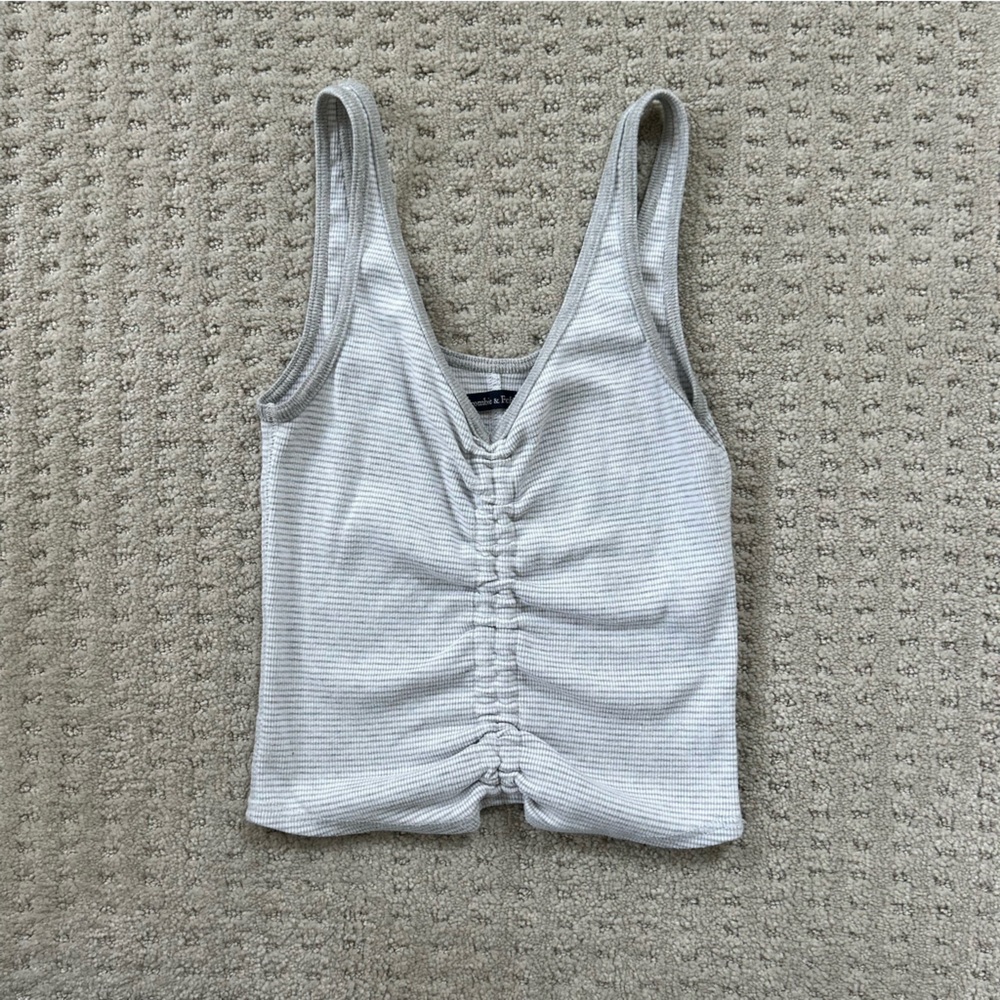 Abercrombie & Fitch White and Grey Striped and Ruched Tank